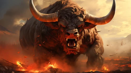 Bull in Fiery Landscape with Manticore - Animal Portraits AI Image