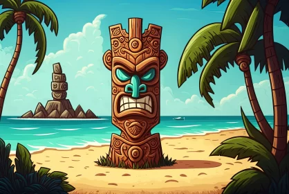 Cartoon Tiki Totem on Tropical Beach Landscape