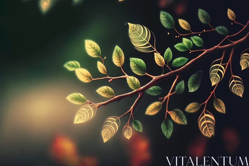 Enchanting Nature-Inspired Painting of Leaves on a Branch AI Image