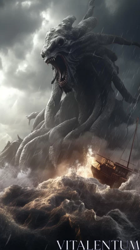 Giant Monster Attacks Boat in Stormy Ocean AI Image