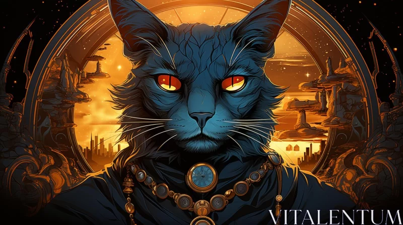 Blue Armored Cat in a Post-Apocalyptic Setting AI Image