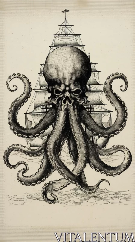 Monochromatic  Kraken and Ship - American Prints 1880-1950 AI Image