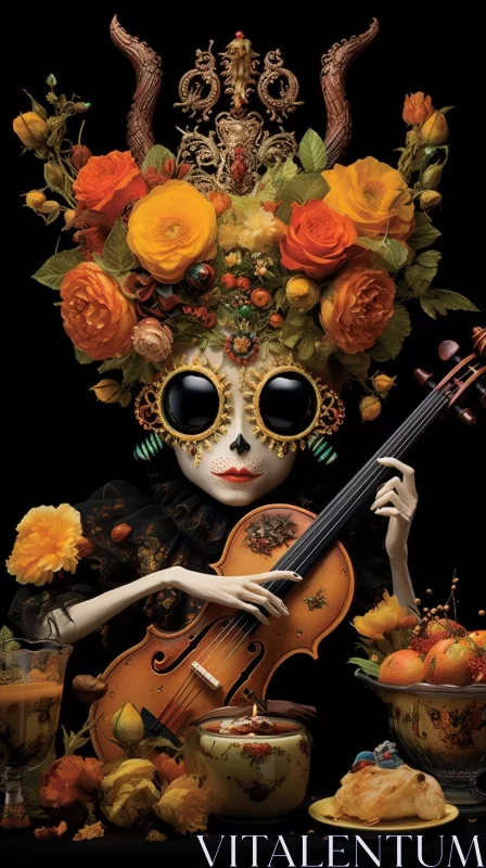 AI ART Playfully Dark Female Skeleton with Violin - Floral Illustration