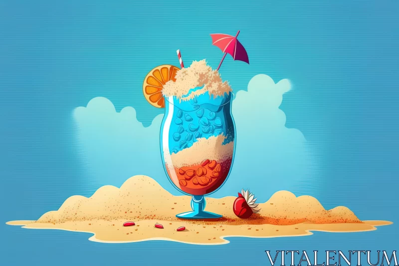 Tropical Beach Drink in Cartoon Style AI Image