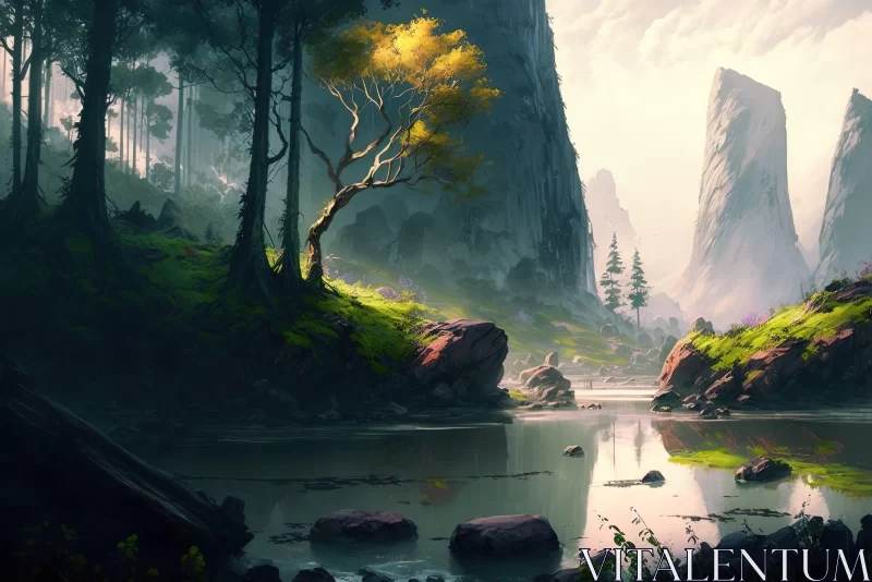 Zen-Inspired Landscape Painting with Mountains and River AI Image