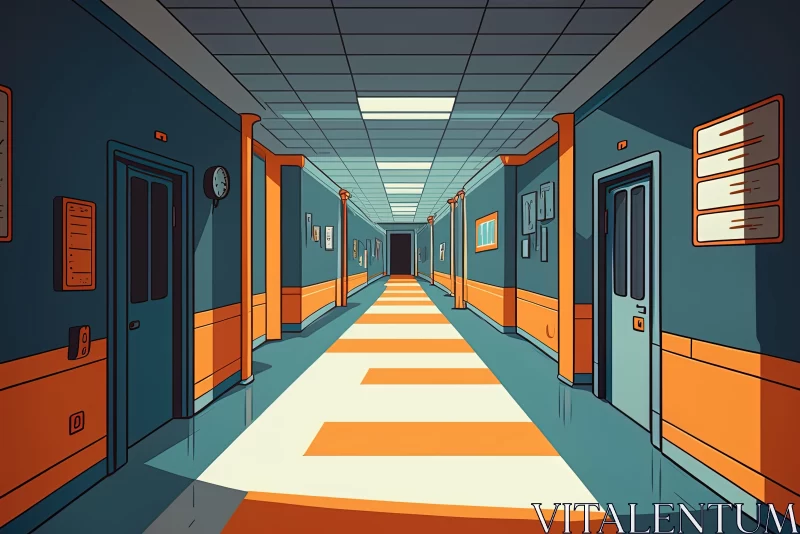 Cartoonish Hospital Hallway: An Illustration in Light Teal and Dark Orange AI Image