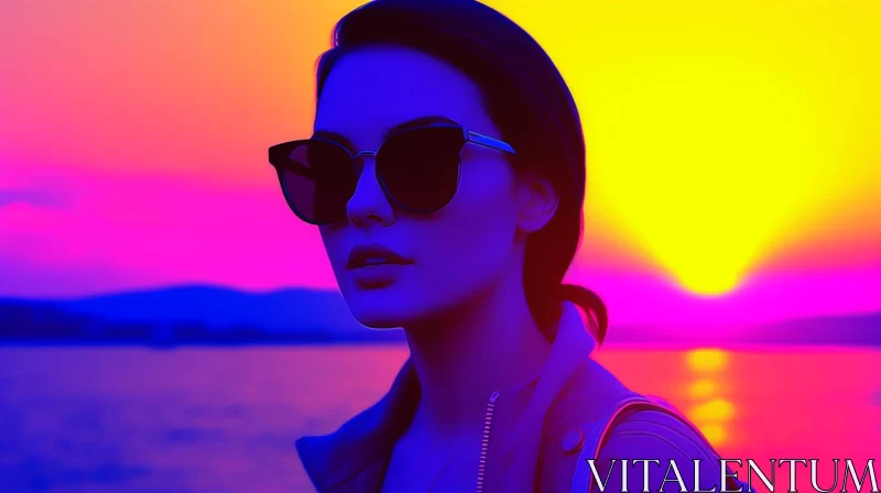AI ART Elegant Woman in Sunglasses Against Neon Sunset