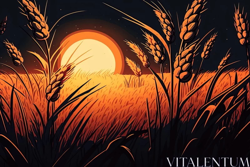 Field of Wheat under Sunset: A Nightmarish Rusticcore Illustration AI Image