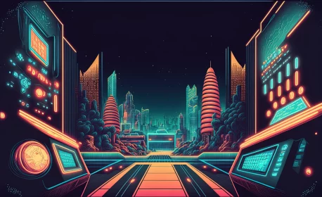 Psychedelic Surrealist Landscape: Celestialpunk Neon City AI Image
