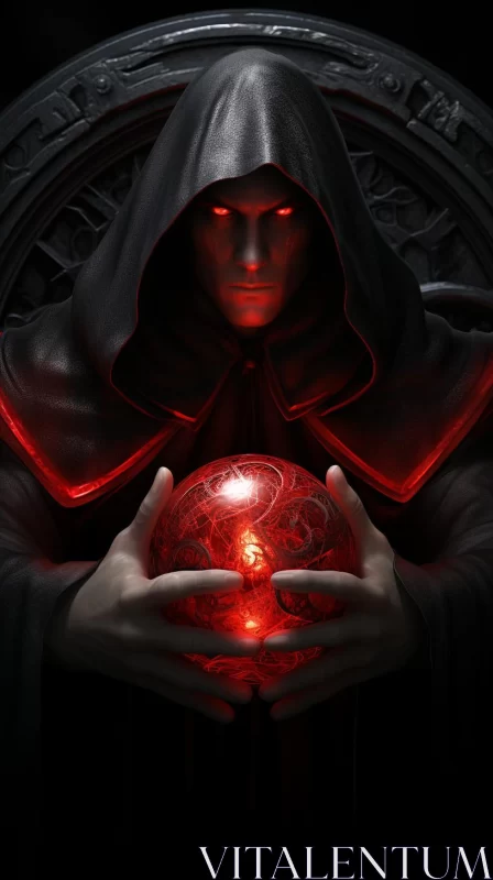Mystical Figure Holding Crimson Orb: A Study in Shadows and Light AI Image