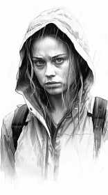 Monochrome Rainy Portrait of a Woman AI Image