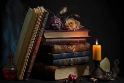 Mysterious Still-Life with Books, Candles, and Flowers AI Image