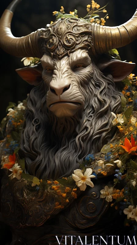Mystical Horned Bull Statue Surrounded by Flowers AI Image