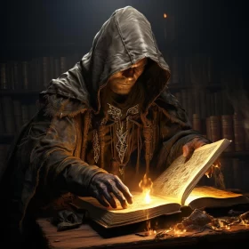 Wizard in Study with Spell Books - A Grim Realistic Portrayal AI Image