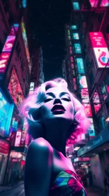 Hong Kong Model in Neon-Lit Cityscape: A Blend of Modern and Retro Glamour