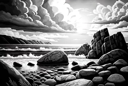 Monochrome Beach Scene with Detailed Rocks and Sky AI Image