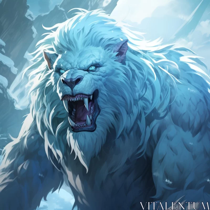 White Frozen Lion in Snow: A Masterpiece of Tenebrism AI Image