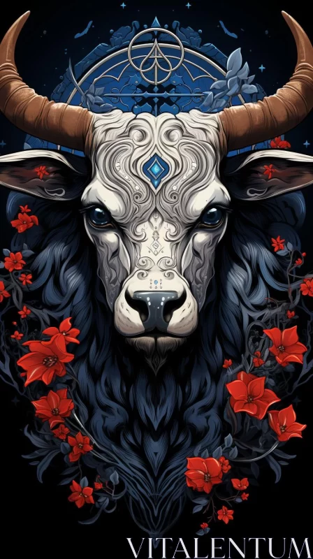 Intricate Illustration of Horned Cow with Red Flowers AI Image