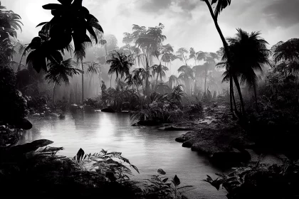 Misty Jungle: A Stylized Black-and-White Rainforest Render