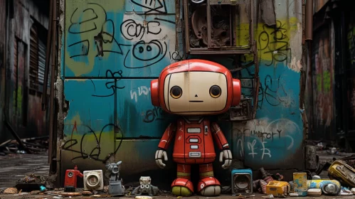 Quirky Red Robot Amidst Urban Graffiti - Toycore Meets Manga