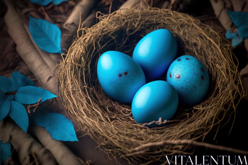 AI ART Easter Still Life: Blue Eggs in Rustic Nest