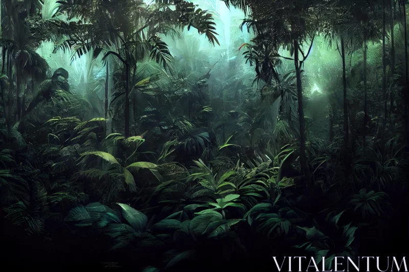 Lush and Dark Jungle - A Prehistoric Landscape in Realistic Detail AI Image