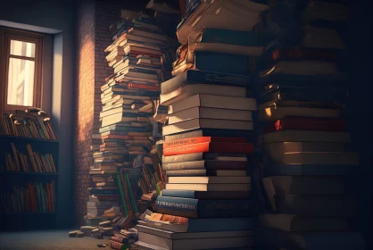 Nostalgic Urban Scene with Pile of Books by a Window AI Image