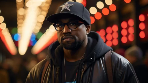 Urban Portraiture: Kanye West in City Lights and Harlem Theater AI Image