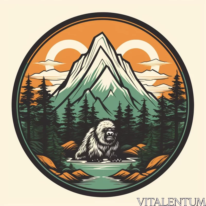 Vintage Mountain Illustration with a Yeti - Calming Symmetry AI Image