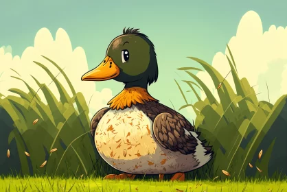 Cartoon Duck in Avacadopunk Style Surrounded by Green Grass
