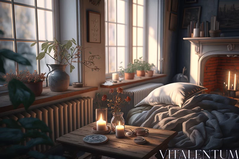 Cozy Bedroom Setting with Detailed Foliage and Warm Lighting AI Image