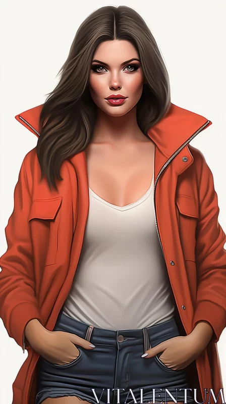 Ultra Realistic Portrait of a Woman in Orange Coat and Jean Shorts AI Image