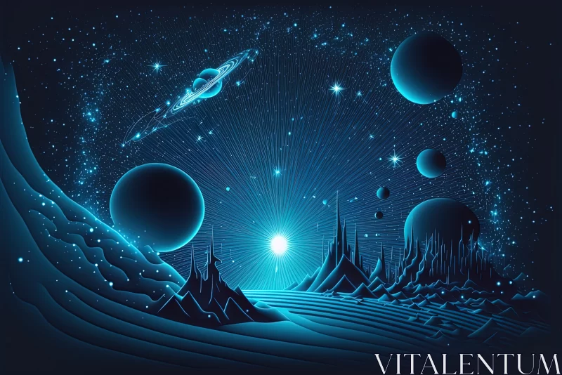 Blue Planet in Starry Landscape - A Celestialpunk Art Illustration AI Image