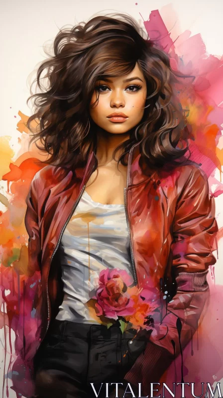 Colorful Realism: Woman in Flower Printed Leather Jacket AI Image