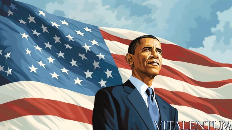 Illustrated Portrait of President Barack Obama with American Flag