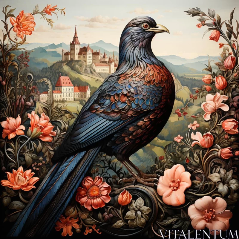 Intricate Bird Painting with Richly Detailed Landscapes AI Image