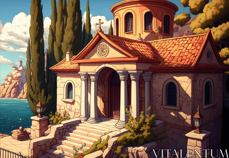 Mediterranean Style Cartoon Church by the Sea AI Image