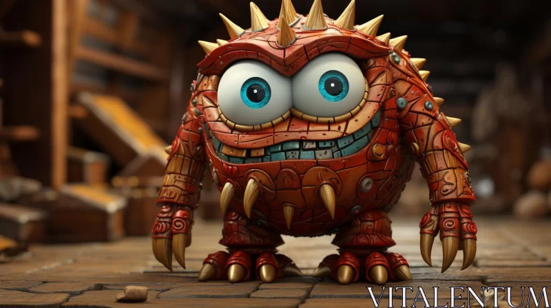 AI ART Animated Red Monster with Spikes on Wooden Floor