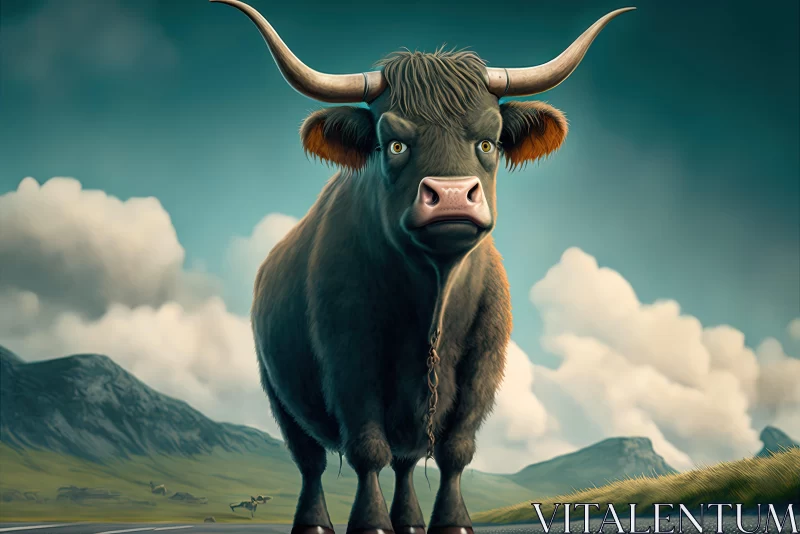 Cartoon Bull on Road Amidst Scottish Landscapes AI Image