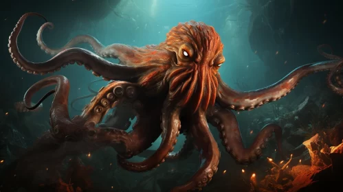 Fiery Voyage: Octopus Navigating Through Sea and Fire AI Image