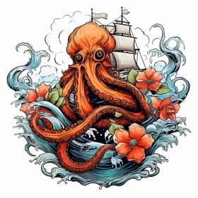 Octopus Swimming with Ship and Flowers Illustration AI Image