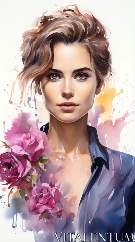 Watercolor Portrait of a Woman with Flowers - Fashion Illustration AI Image