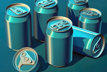 3D Soda Cans Art in Blue Shade - Anamorphic Art meets Technocore AI Image