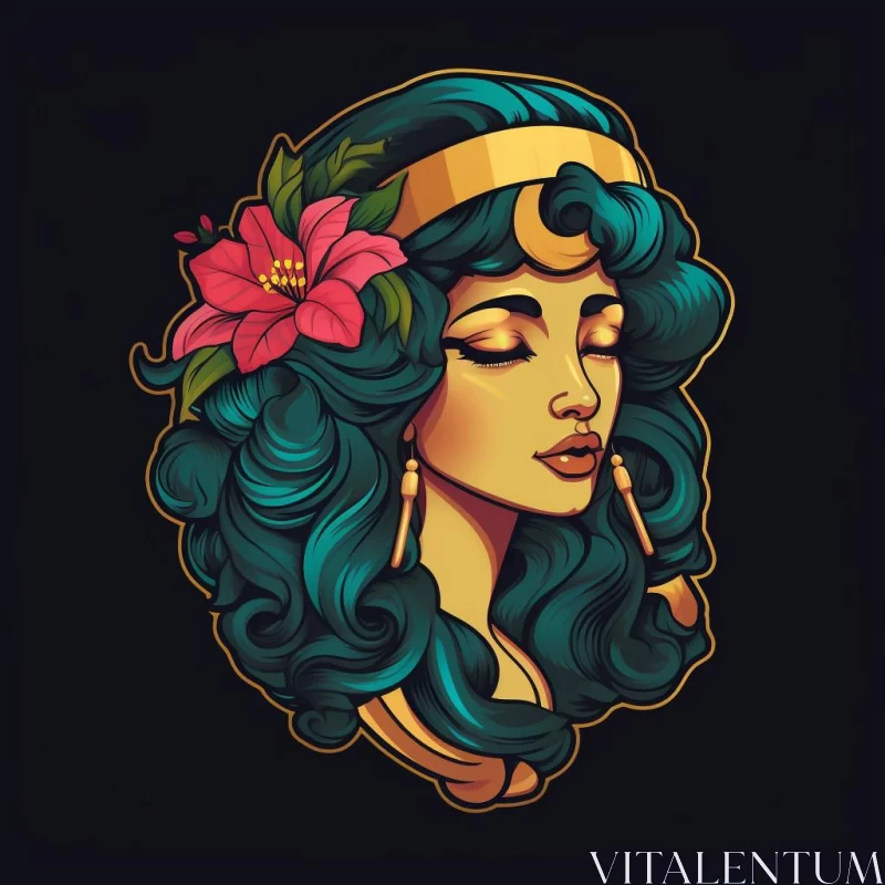 Mystical Maiden with Floral Hair Vintage Vector Design AI Image