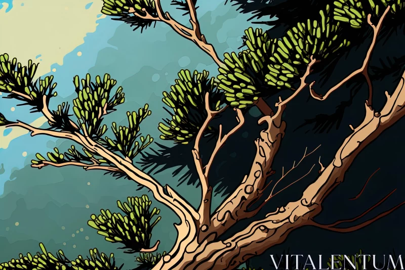 Pop Art Wilderness: A Pine Tree Branch Under a Light AI Image