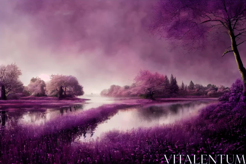 Purple Lake Night Scene: A Serene Fantasy Landscape AI Image