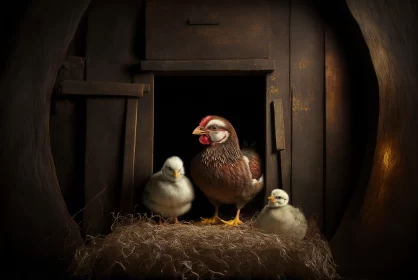 Rustic Portraiture of Chickens and Chicks in Barn