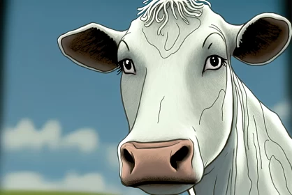 Animated White Cow in Field - Graphic Novel Realism Style