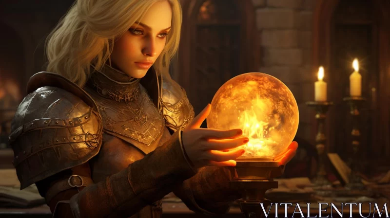 Magical Scene with Woman, Red Ball, and Fireplace AI Image