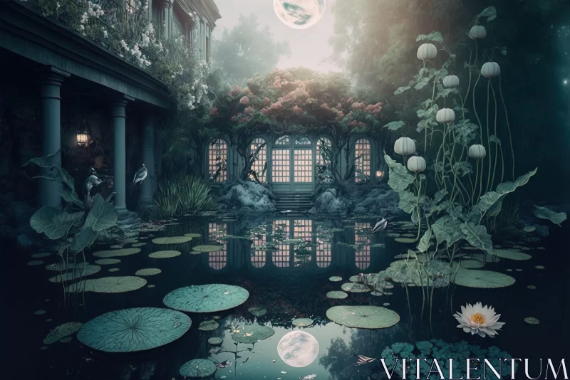 Moonlit Surreal Landscape with Fairy Lake and Floating Lilies AI Image